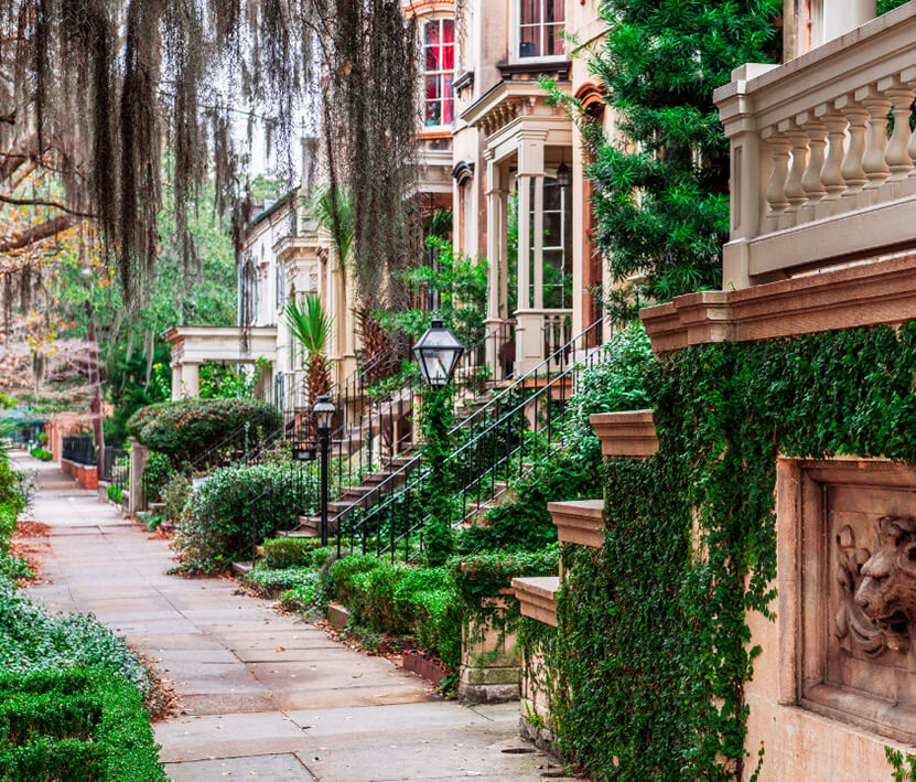 Savannah, Georgia, USA historic sidewalks with live oak trees